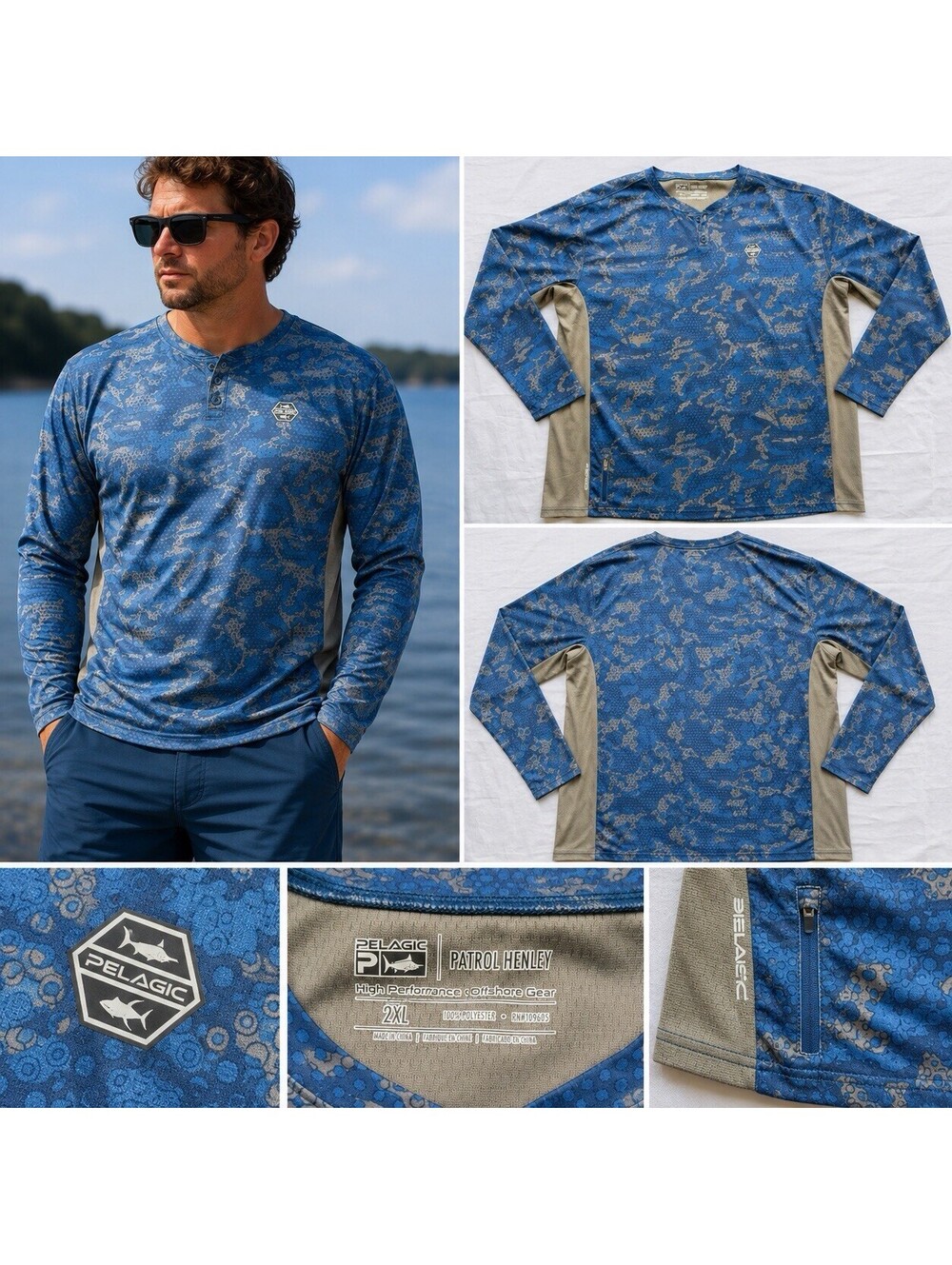 Pelagic Patrol Henley Fishing Shirt Men’s 2XL Blue Camo Long Sleeve Surf Boat